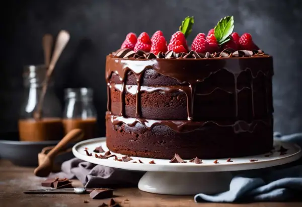 Un délicieux layer cake chocolat, nappé de glaçage brillant et garni de framboises fraîches. Un rêve gourmand !