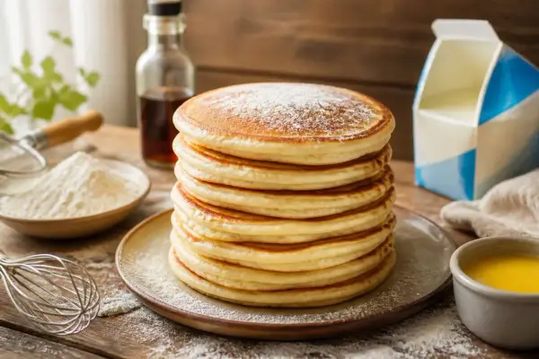 Pile de pancakes moelleux, saupoudrés de sucre glace. La recette parfaite pour un petit-déjeuner gourmand.