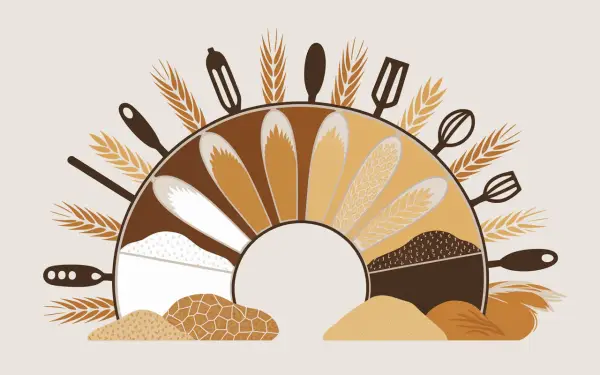 Illustration d'une roue de la vie culinaire, montrant différentes variétés de farine de froment, dont la farine de froment gluten, et des ustensiles de cuisine.