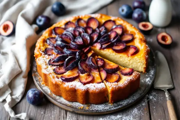 Gâteau aux prunes, saupoudré de sucre glace, avec des prunes fraîches disposées en rosace. Une part est coupée, révélant la texture moelleuse.