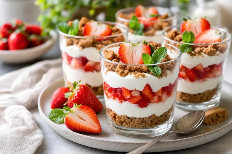 Délicieuse verrine fraise sans mascarpone, superposant fruits rouges, crème légère et crumble croustillant. Parfait pour un dessert frais et fruité.